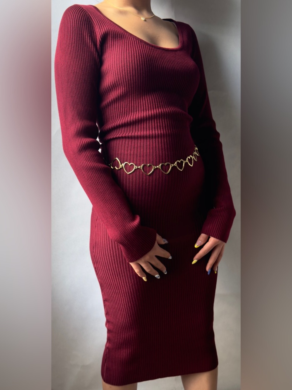 J for Justify Ribbed Long Sleeve Bodycon Dress in Burgundy